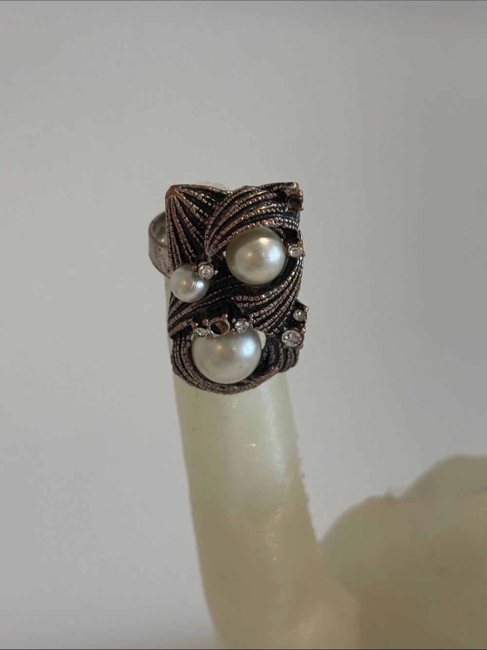 Art Deco Faux Pearl Rhinestone Ring silver tone swirl cocktail ring adjustable